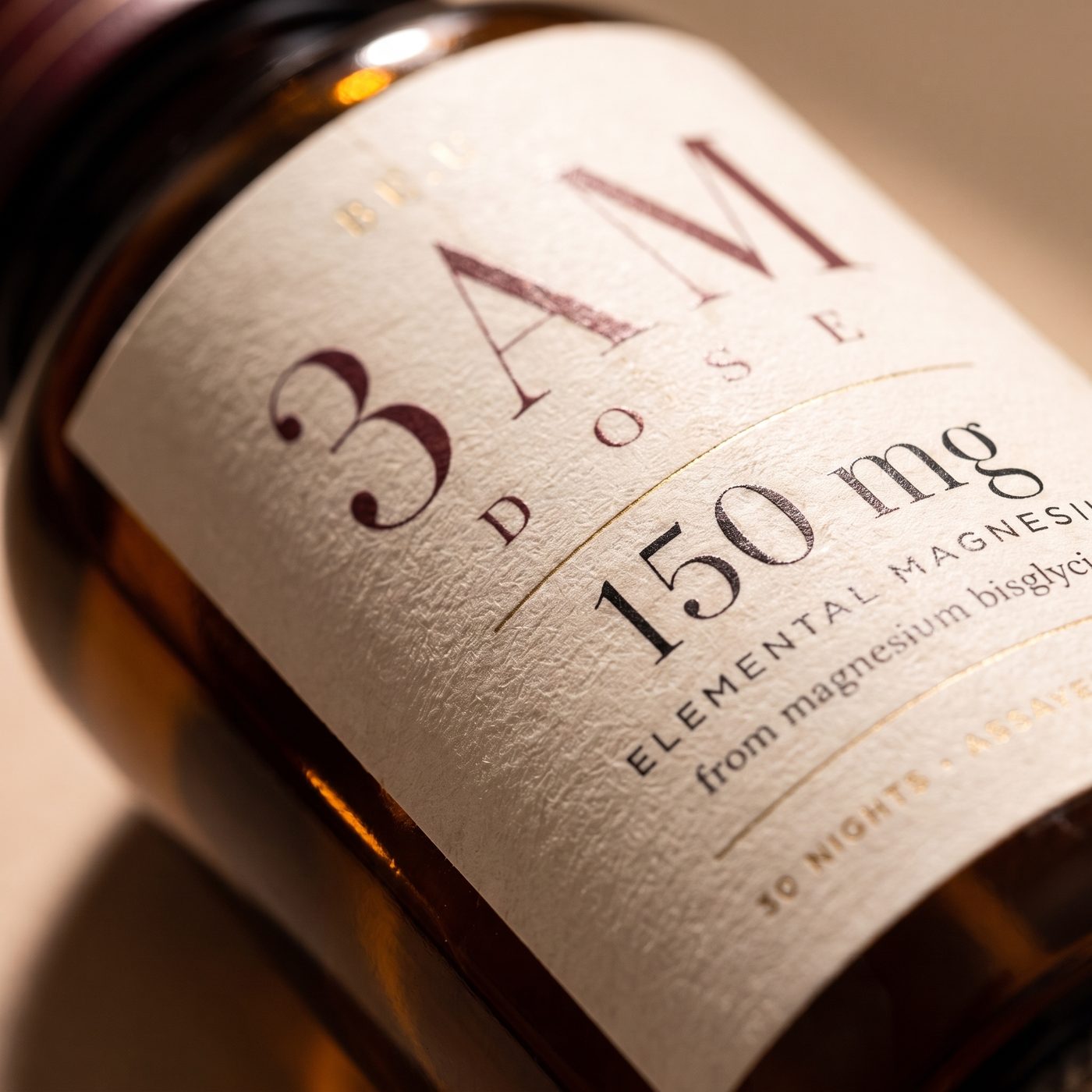 Close-up of the 3AM Drops label: 150 mg elemental magnesium from magnesium bisglycinate