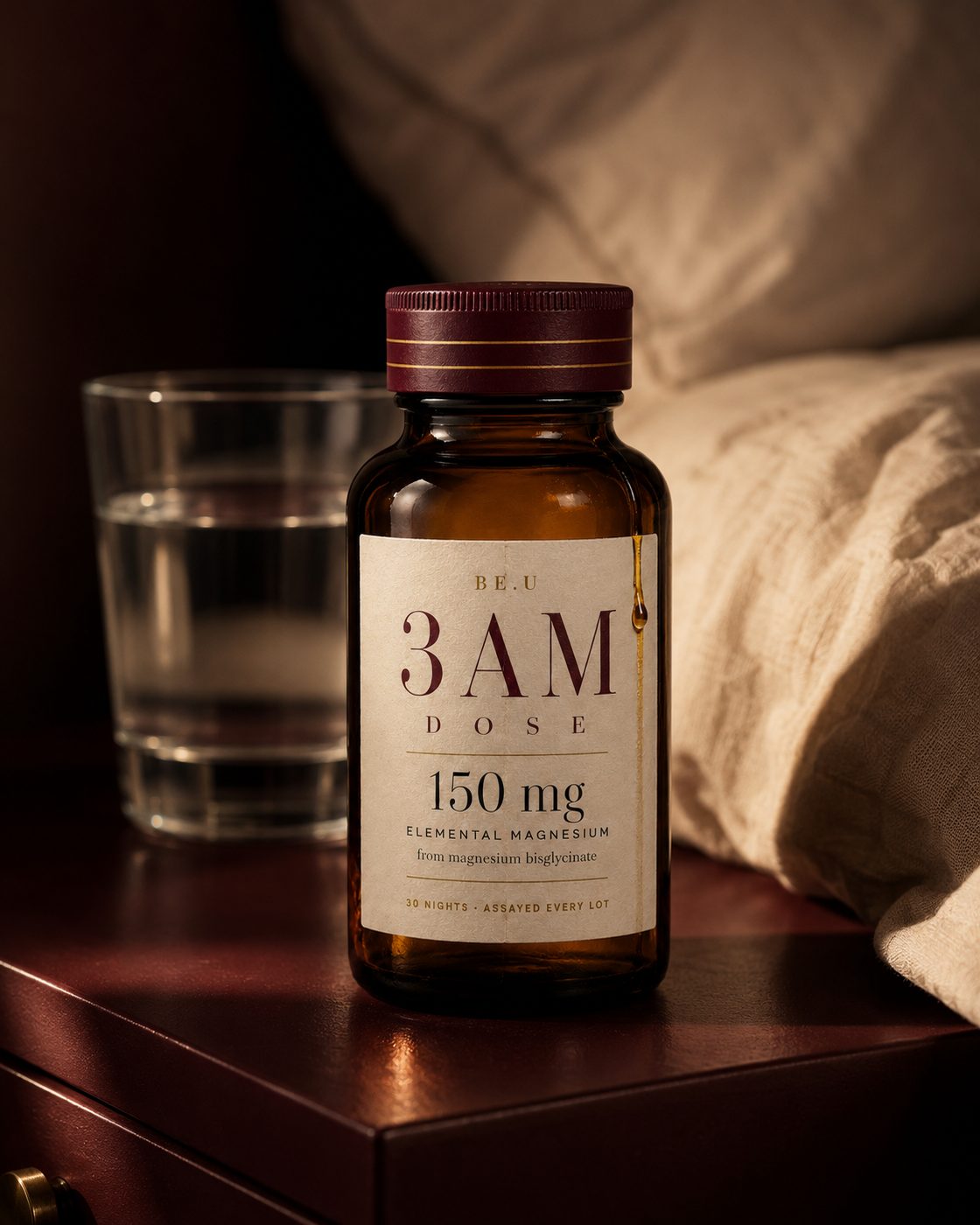 A bottle of 3AM Drops on a nightstand beside a glass of water