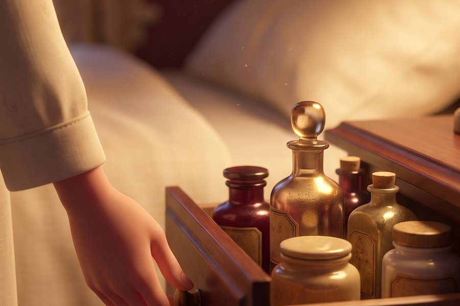 A hand opening a nightstand drawer full of old supplement bottles