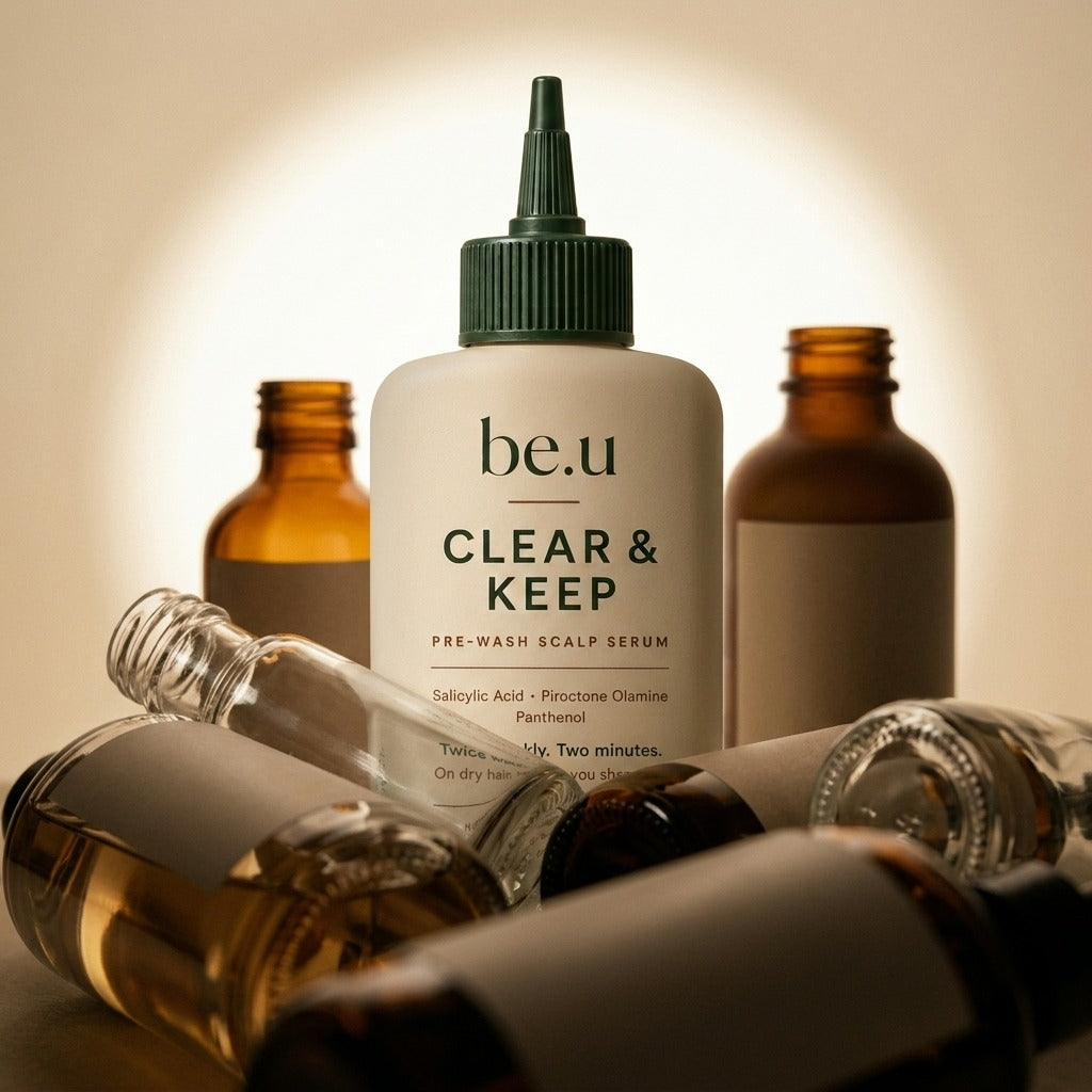 A bottle of be.u Clear & Keep pre-wash scalp serum stands upright in the center, surrounded by several amber and clear cosmetic bottles on a warm beige background with a spotlight effect.