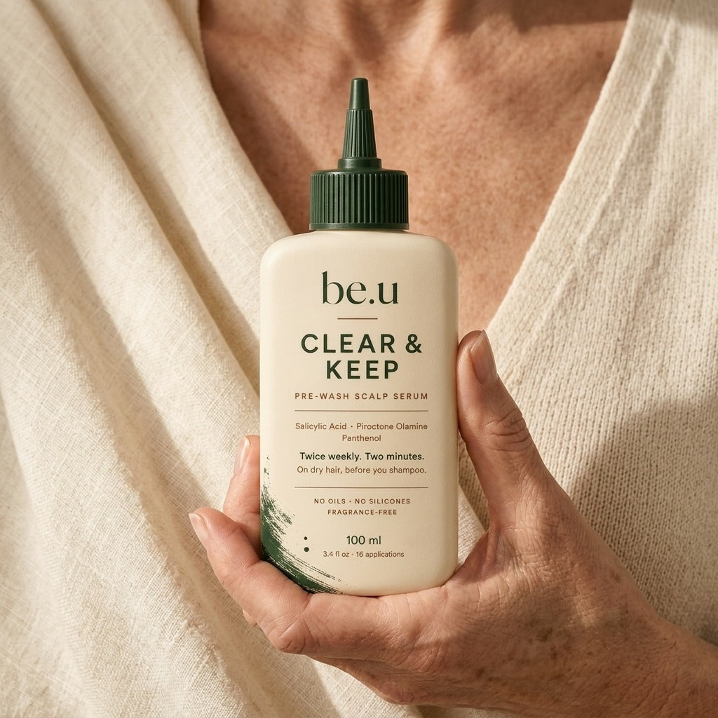 A hand holding a bottle of be.u Clear & Keep Pre-Wash Scalp Serum against a soft beige linen background.