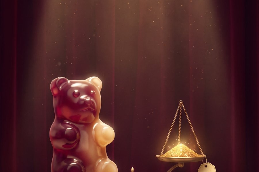 A gummy bear beside a small brass scale holding a pinch of gold